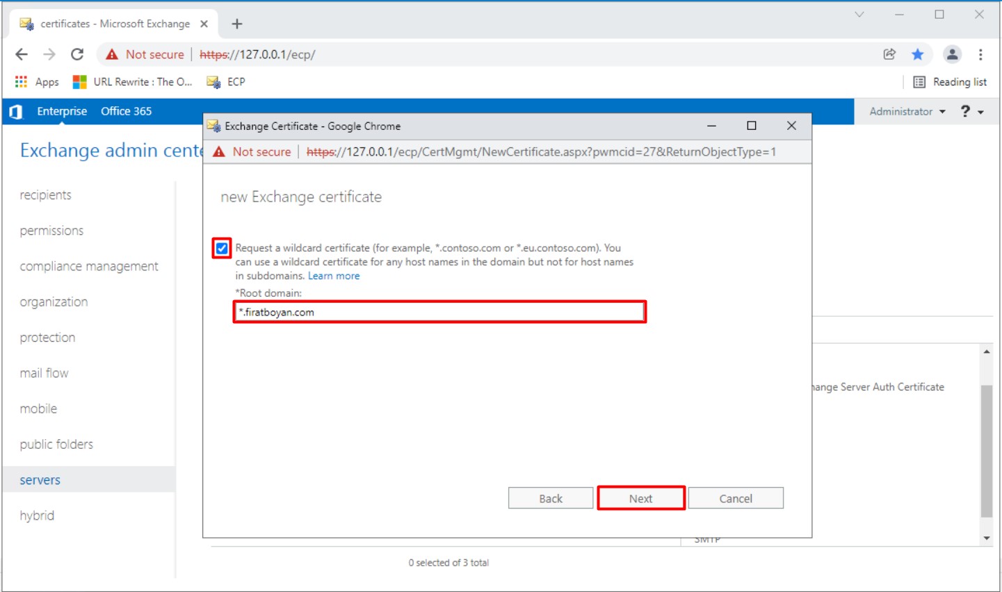 Exchange Server Wildcard sertifika oluşturma