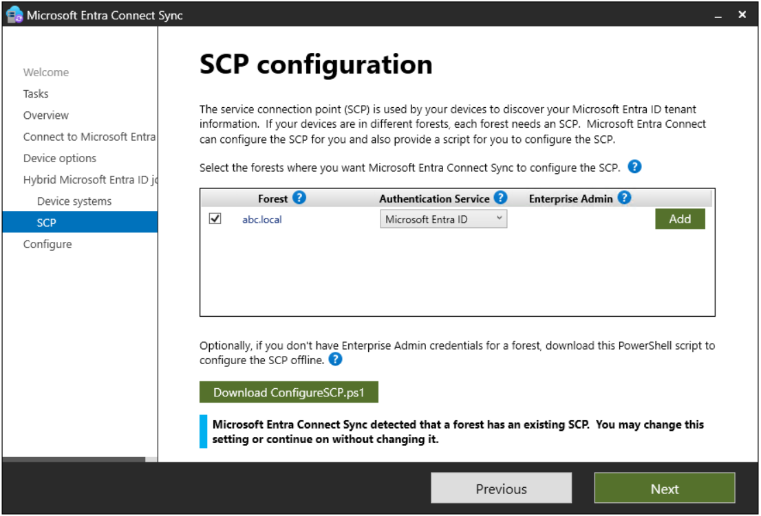SCP configuration ekranı ve mevcut SCP bildirimi