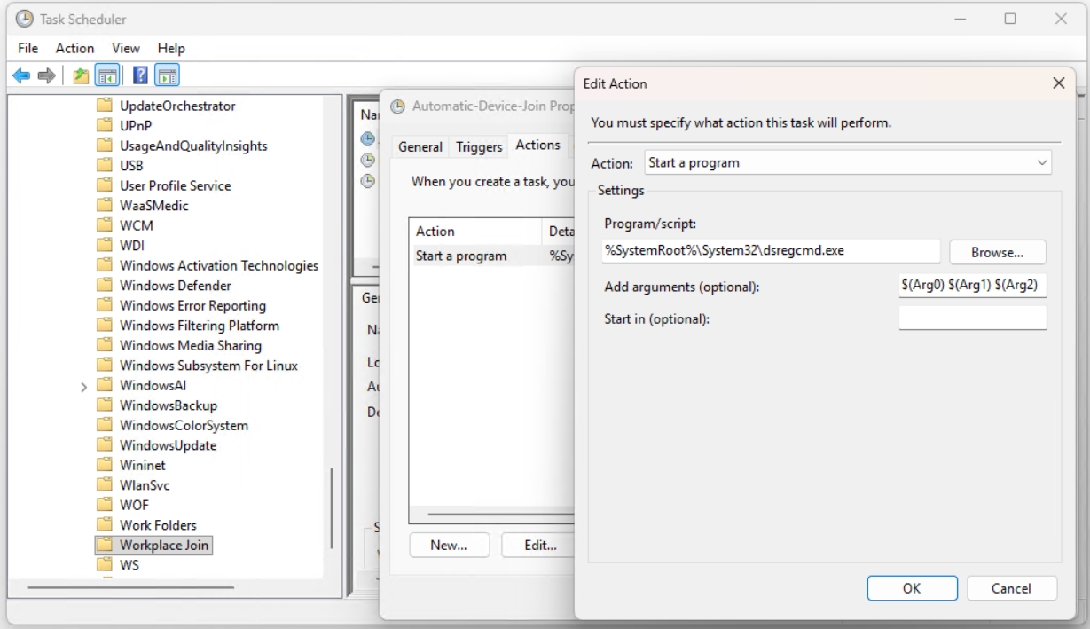 Automatic-Device-Join görevinin dsregcmd.exe Action tanımı