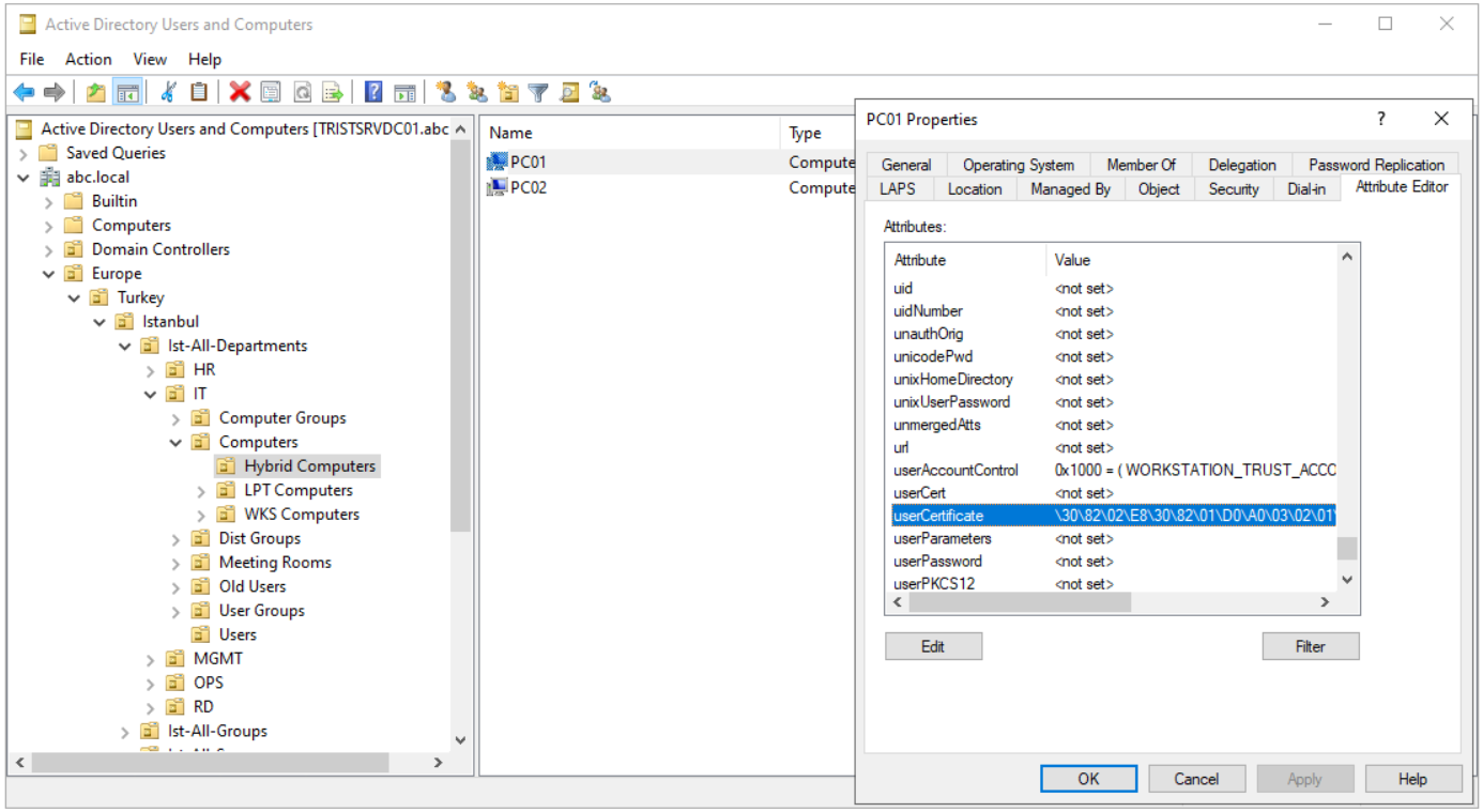 ADUC'ta PC01 Computer Object'inin userCertificate Attribute'u