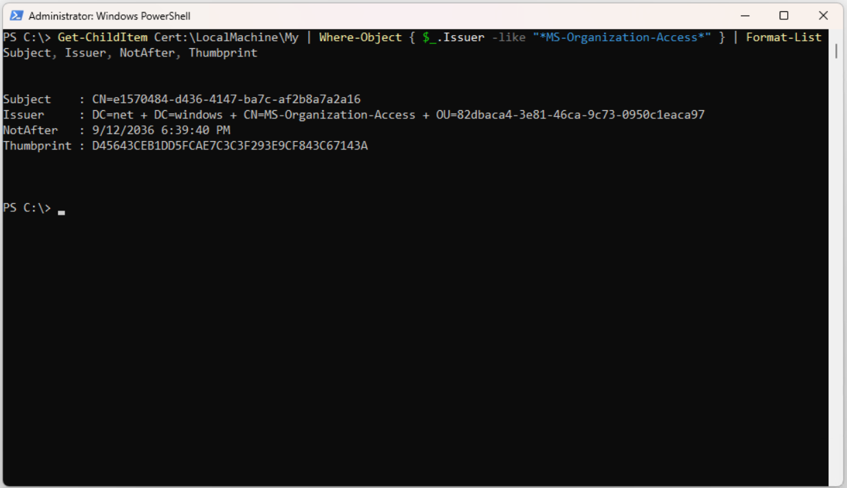 PowerShell ile MS-Organization-Access sertifikasının Thumbprint bilgisi