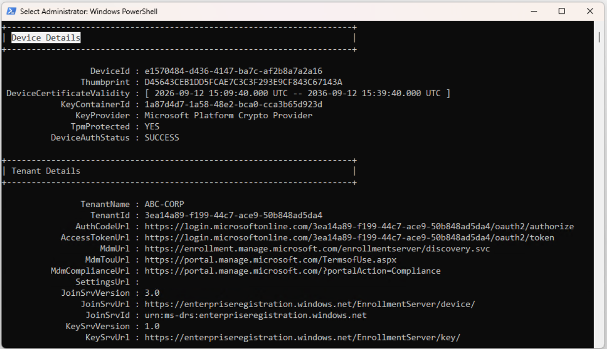 dsregcmd /status Device Details bölümü, TPM korumalı cihaz sertifikası