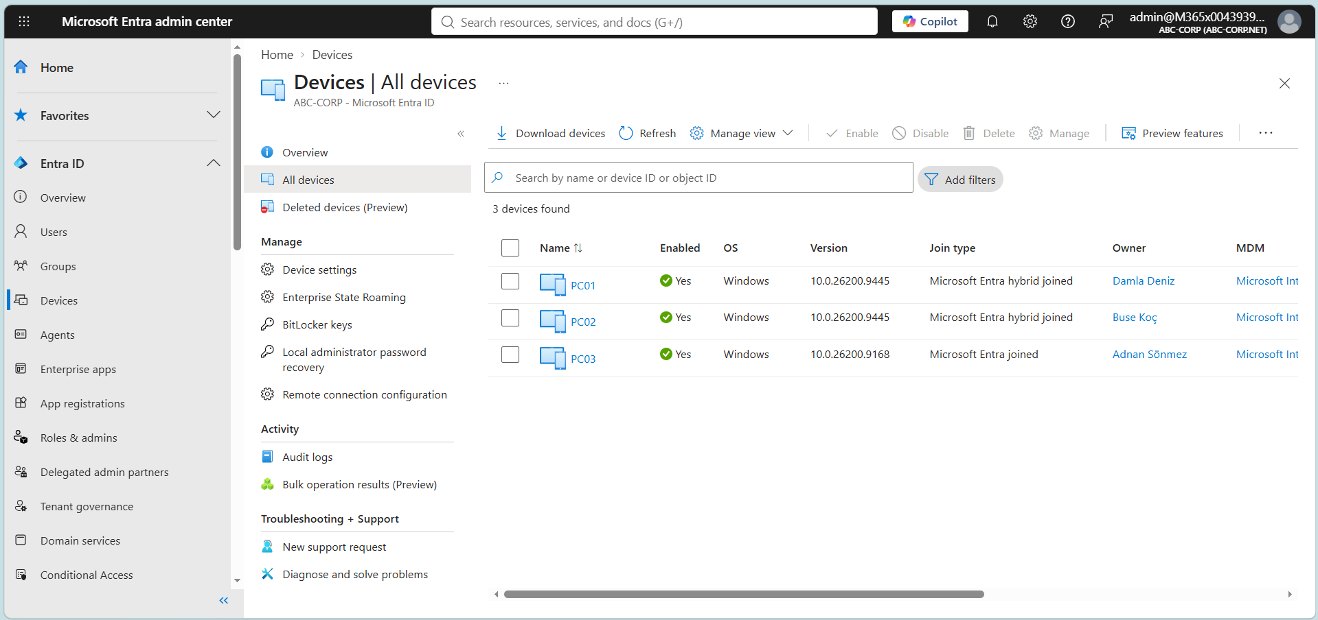 Entra Admin Center All devices listesinde Microsoft Entra hybrid joined cihazlar