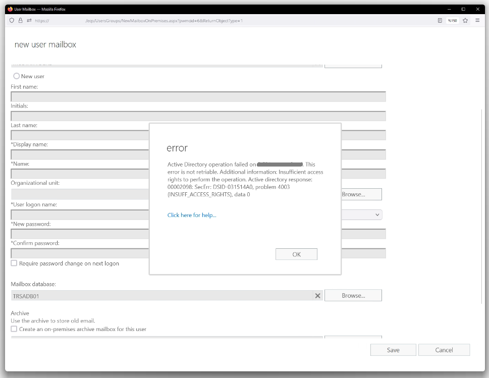 Exchange Server 2019'da Insufficient access rights to perform the operation