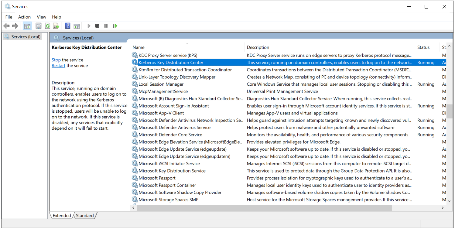 Domain Controller üzerinde services.msc içinde Running durumundaki Kerberos Key Distribution Center servisi