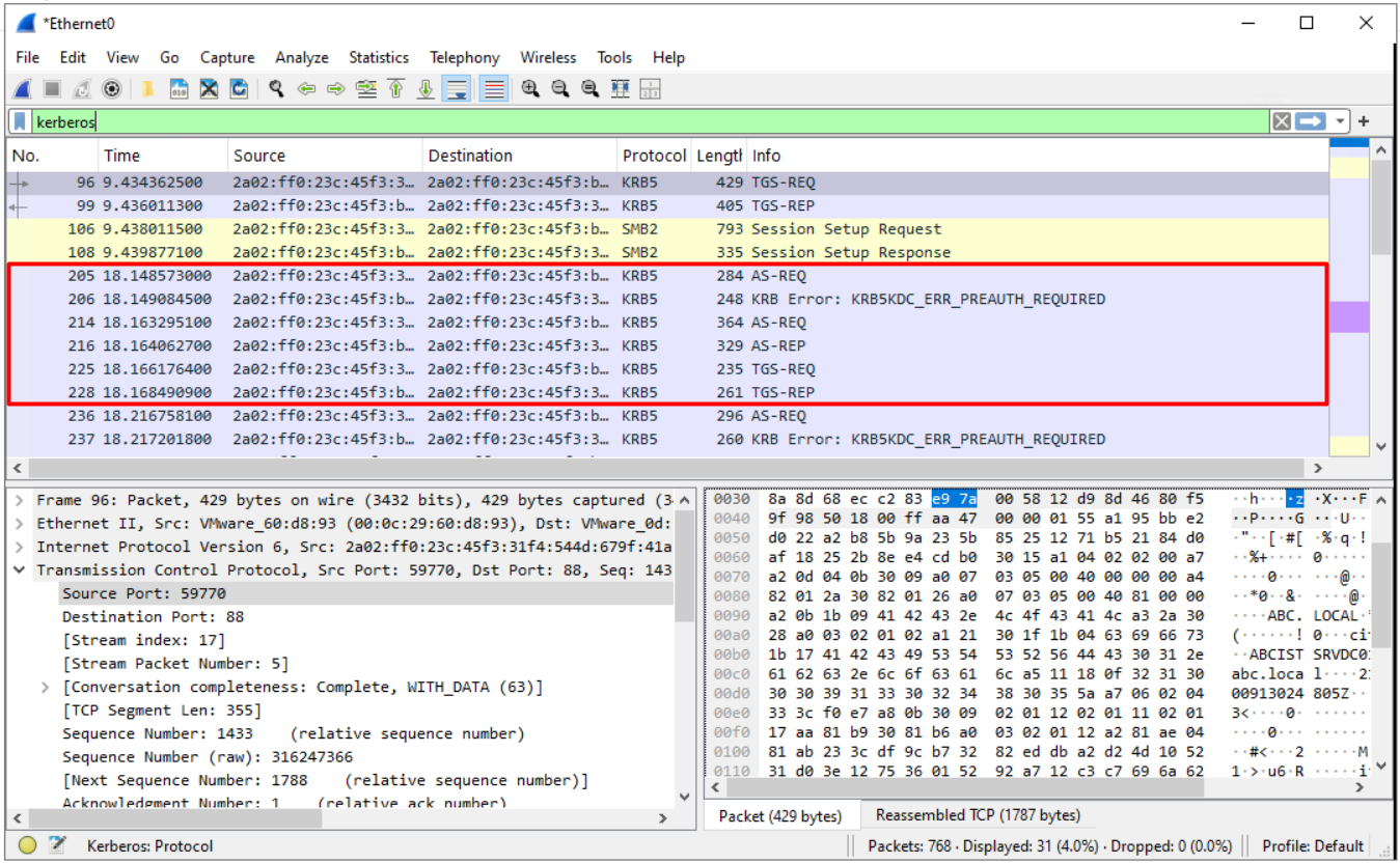 Wireshark'ta kerberos filtresiyle görünen AS-REQ, KDC_ERR_PREAUTH_REQUIRED, AS-REP, TGS-REQ ve TGS-REP paketleri