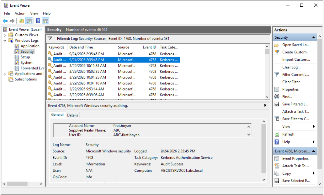 Domain Controller Security Log'unda TGT talebini gösteren Event ID 4768 kaydı ve Ticket Encryption Type alanı