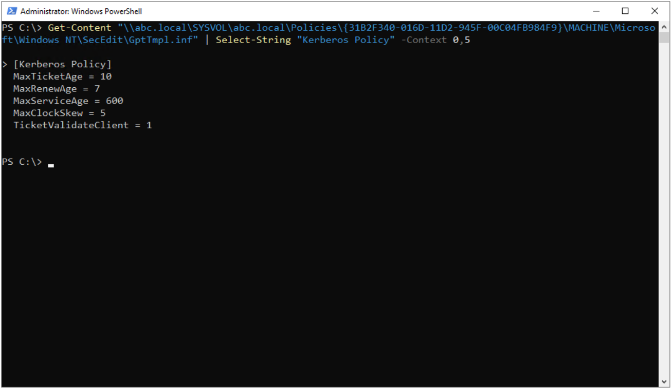 Group Policy Management Editor'da Default Domain Policy altındaki Kerberos Policy ayarları ve varsayılan değerleri