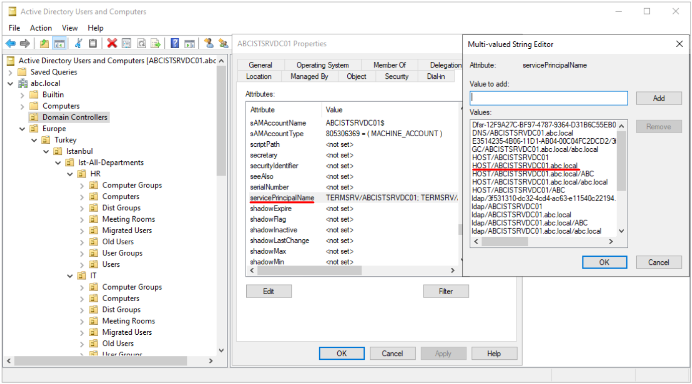 Active Directory Users and Computers Attribute Editor sekmesinde dosya sunucusunun servicePrincipalName değerleri
