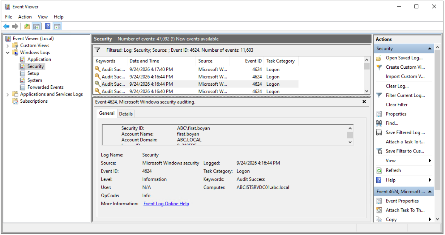 Event Viewer Security Log'unda 4624 filtresi ile bulunan ve firat.boyan hesabına ait Logon kaydının General sekmesi