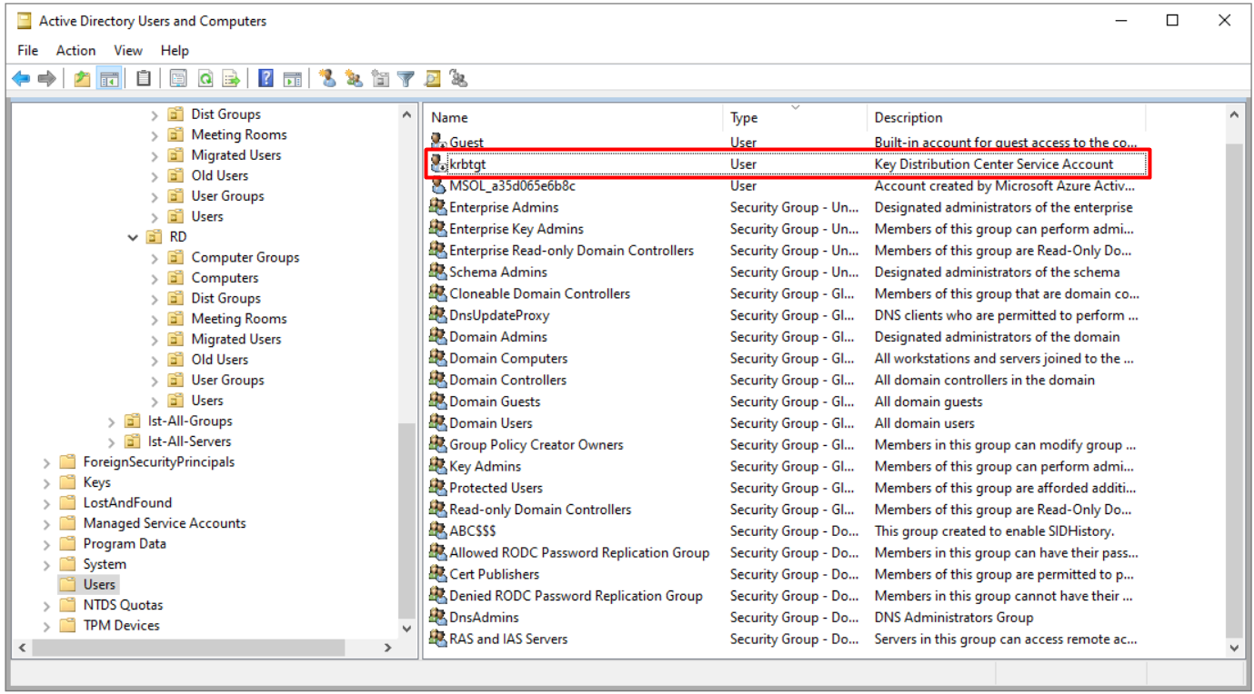 Active Directory Users and Computers içinde Users container'ında Key Distribution Center Service Account açıklamalı krbtgt hesabı