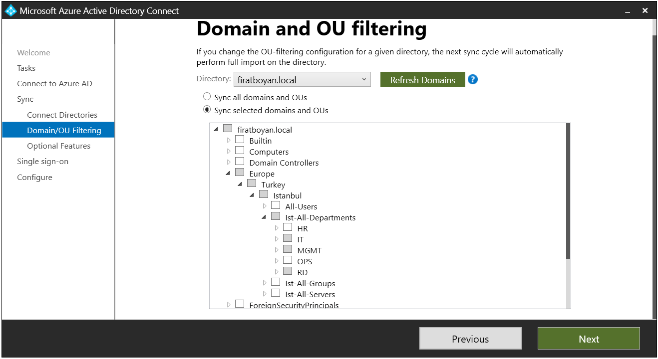 Azure AD Connect Tool Domain and OU Filtering