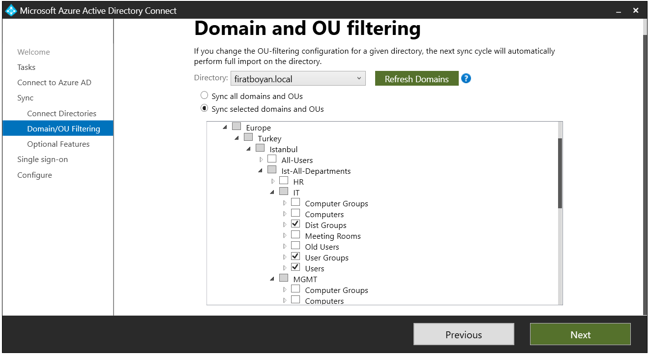 Azure AD Connect Tool Domain and OU Filtering