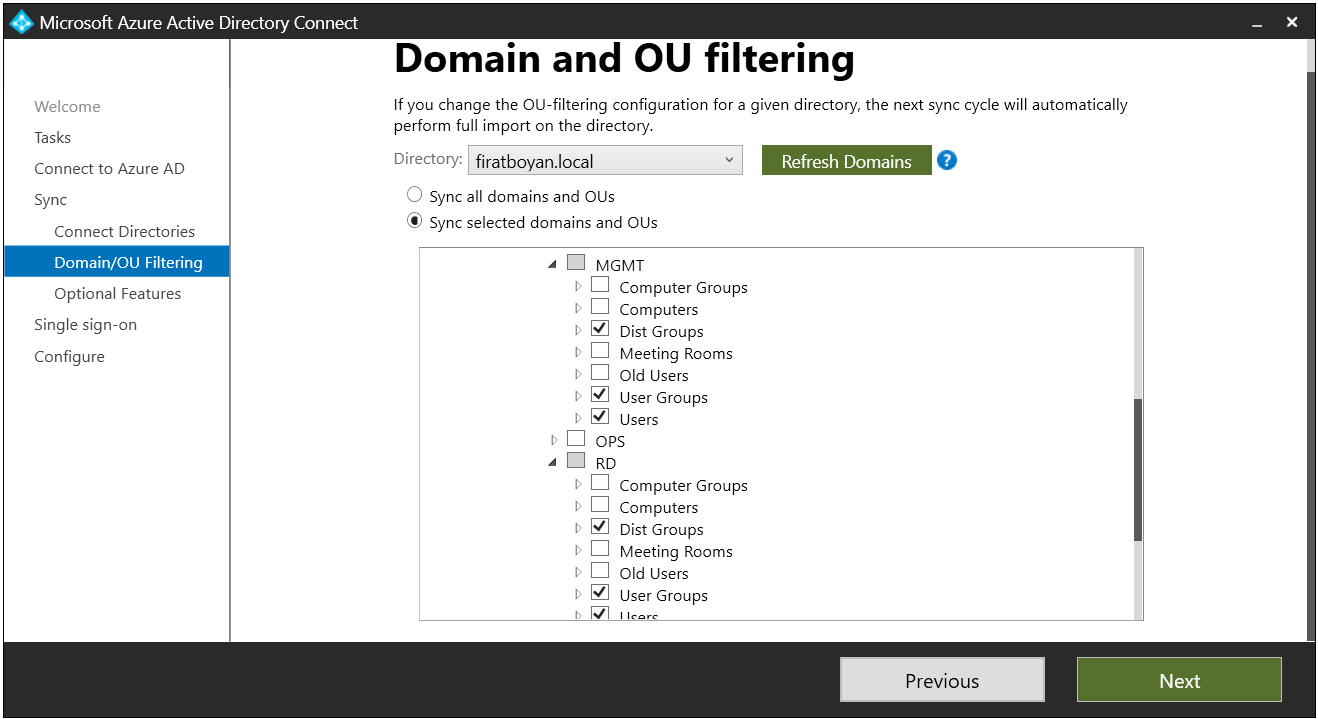 Azure AD Connect Tool Domain and OU Filtering