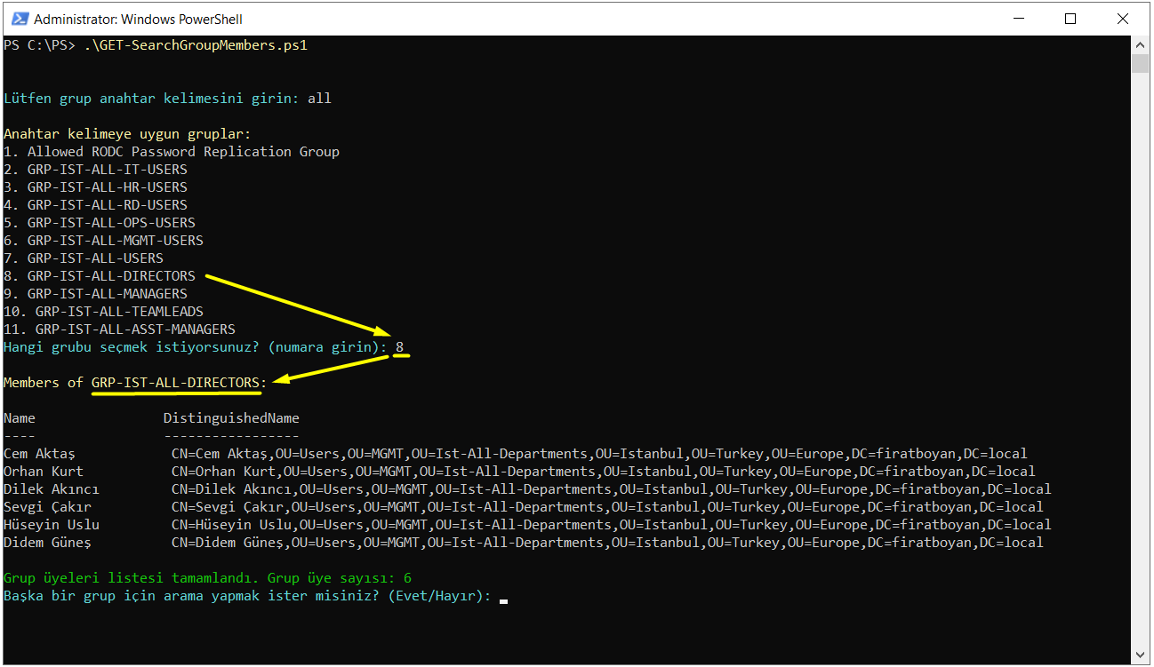 Active Directory Grupları ve Üyelerini listeleme